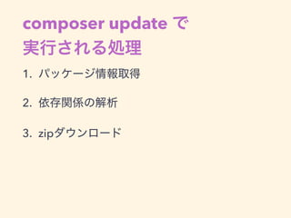 composer update で 
実行される処理
1. パッケージ情報取得
2. 依存関係の解析
3. zipダウンロード
 