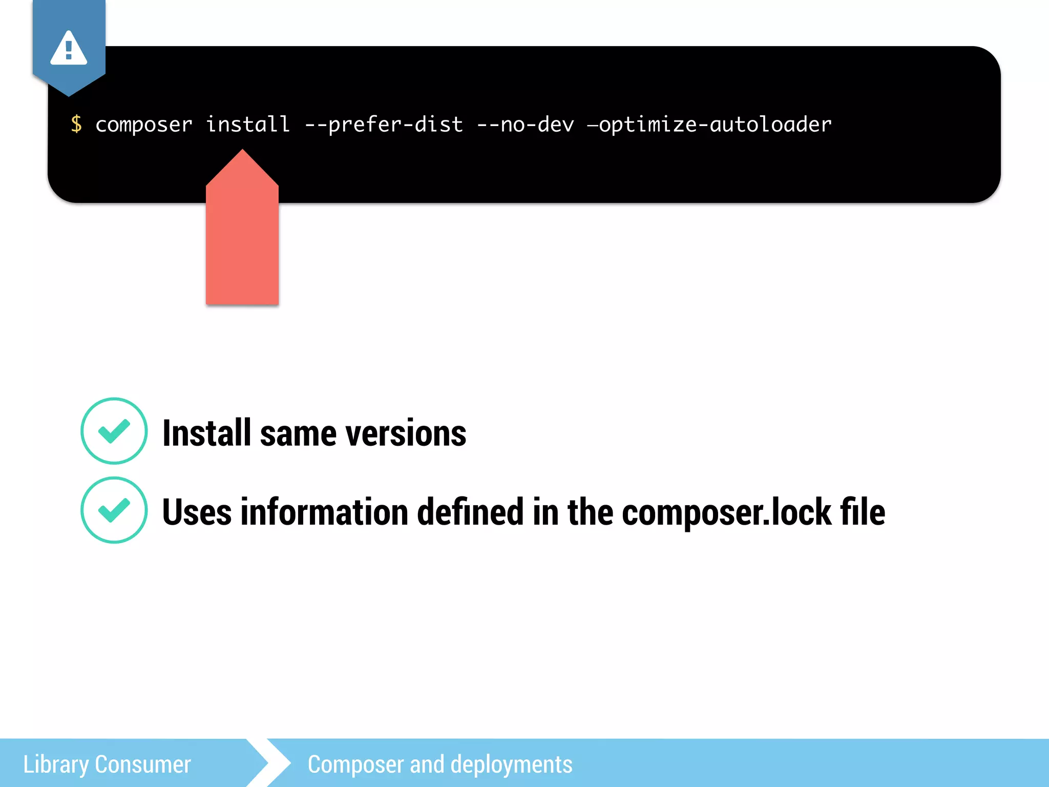 , 
$ composer install --prefer-dist --no-dev —optimize-autoloader 
1 Install same versions 
1 Uses information defined in the composer.lock file 
Library Consumer Composer and deployments 
 