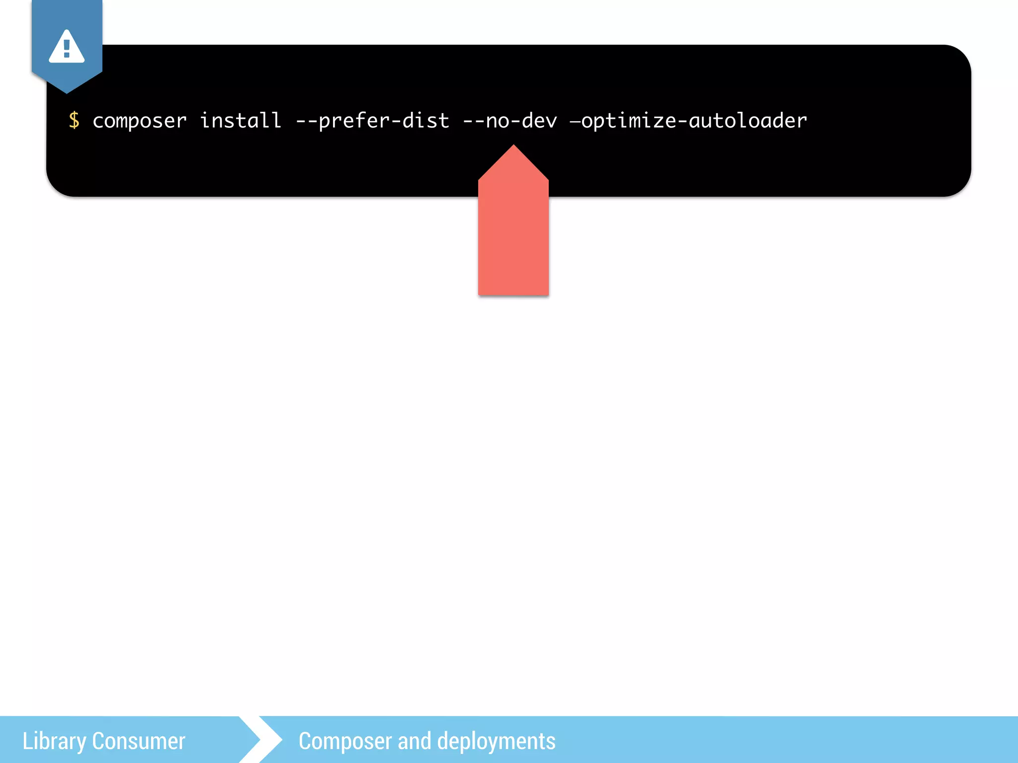 , 
$ composer install --prefer-dist --no-dev —optimize-autoloader 
Library Consumer Composer and deployments 
 