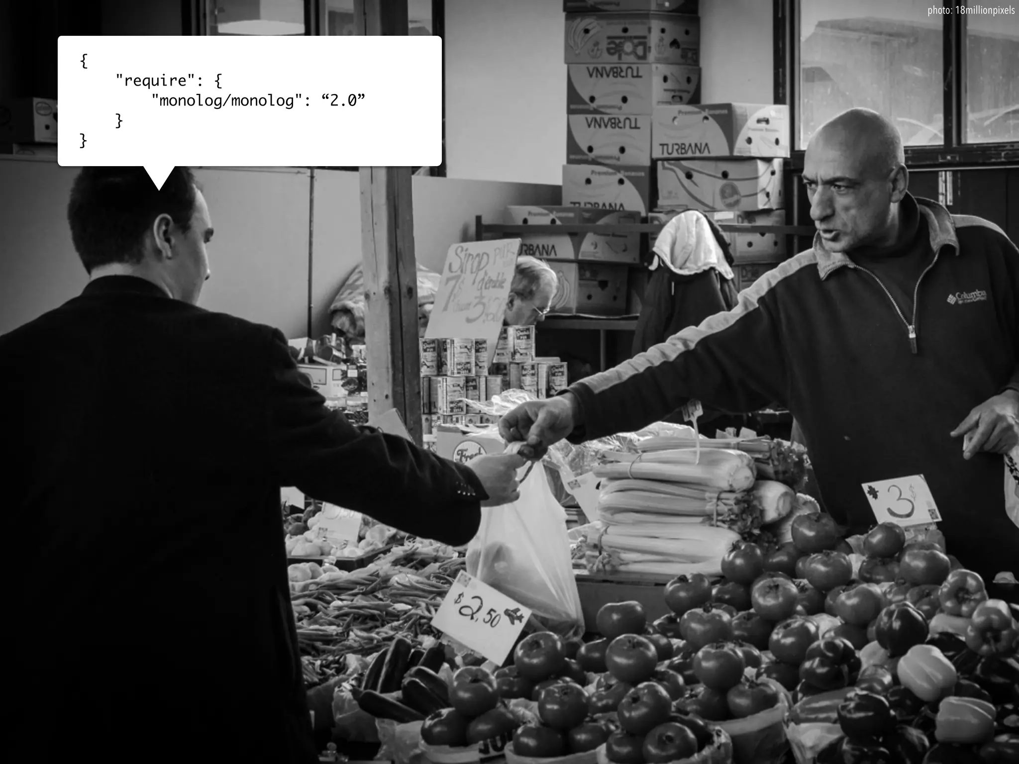 { 
"require": { 
"monolog/monolog": “2.0” 
} 
} 
photo: 18millionpixels 
 
