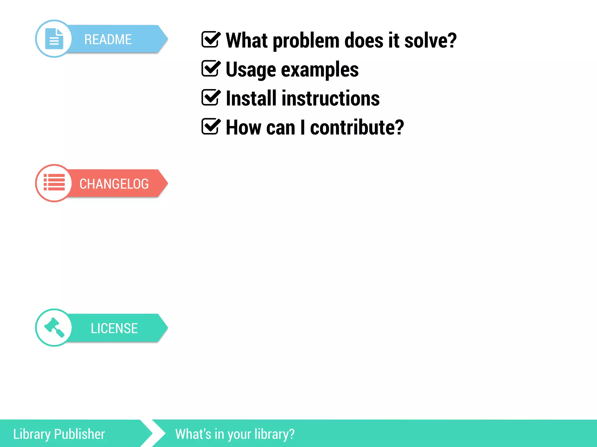 ! README 
% CHANGELOG 
& LICENSE 
' What problem does it solve? 
' Usage examples 
' Install instructions 
' How can I contribute? 
Library Publisher What’s in your library? 
 