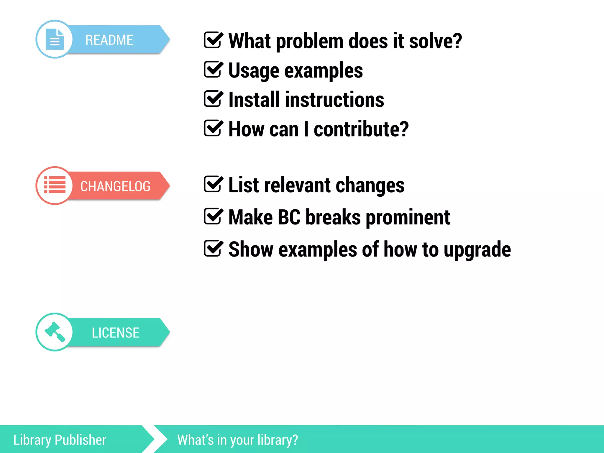 ! README 
% CHANGELOG 
& LICENSE 
' What problem does it solve? 
' Usage examples 
' Install instructions 
' How can I contribute? 
' List relevant changes 
' Make BC breaks prominent 
' Show examples of how to upgrade 
Library Publisher What’s in your library? 
 