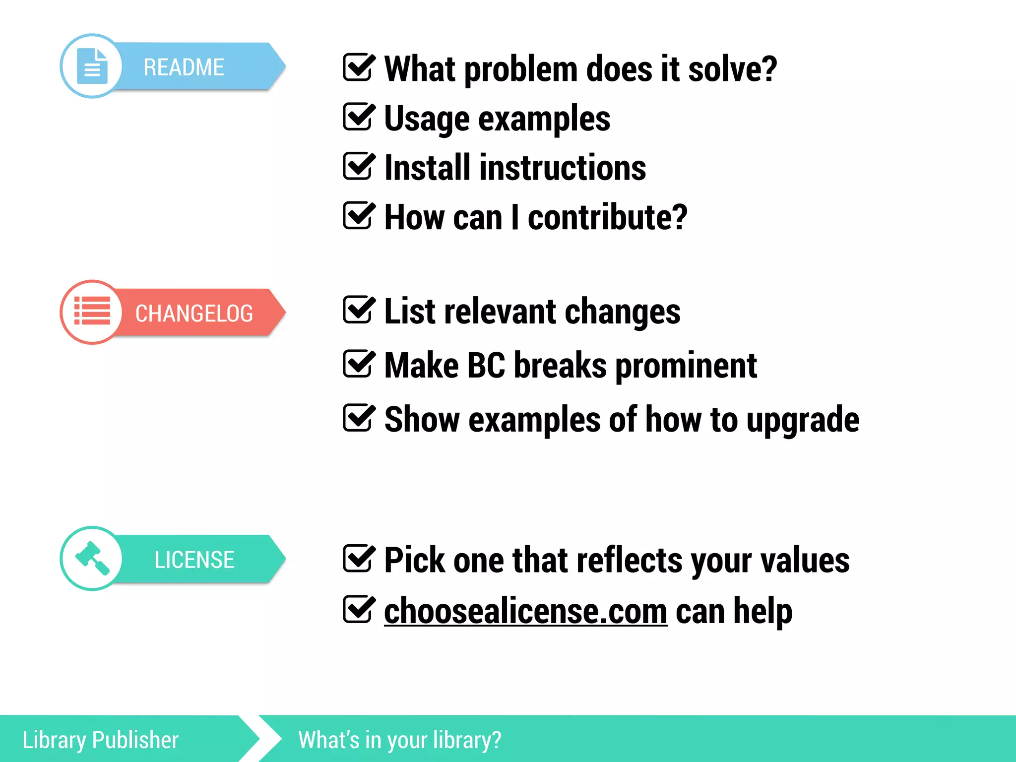 ! README 
% CHANGELOG 
& LICENSE 
' What problem does it solve? 
' Usage examples 
' Install instructions 
' How can I contribute? 
' List relevant changes 
' Make BC breaks prominent 
' Show examples of how to upgrade 
' Pick one that reflects your values 
' choosealicense.com can help 
Library Publisher What’s in your library? 
 