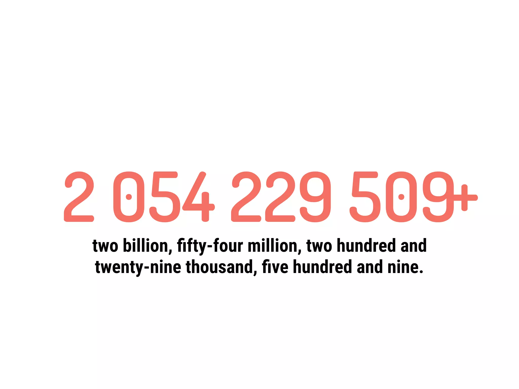 2 054 229 509two billion, ﬁfty-four million, two hundred and
twenty-nine thousand, ﬁve hundred and nine.
+
 