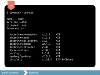 Library Consumer Licensing
$ composer licenses
Name: __root__
Version: 1.0.0
Licenses: none
Dependencies:
doctrine/annotations v1.2.1 MIT
doctrine/cache v1.3.1 MIT
doctrine/collections v1.2 MIT
doctrine/common v2.4.2 MIT
doctrine/inflector v1.0 MIT
doctrine/lexer v1.0 MIT
psr/log 1.0.0 MIT
symfony/symfony v2.5.6 MIT
twig/twig v1.16.2 BSD-3-Clause
Tip
 