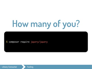 Library Consumer Tooling
$ composer require jquery/jquery
How many of you?
 