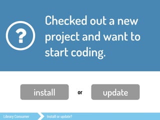 Checked out a new 
project and want to 
start coding. 
? 
install or update 
Library Consumer Install or update? 
 