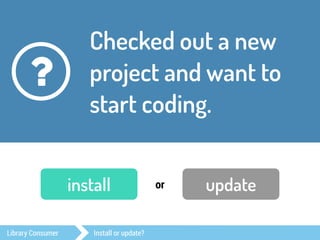Checked out a new 
project and want to 
start coding. 
? 
install or update 
Library Consumer Install or update? 
 