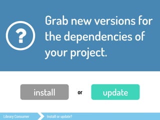 Grab new versions for 
the dependencies of 
your project. 
? 
install or update 
Library Consumer Install or update? 
 