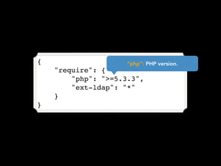 {                     “php”: PHP version.
    "require": {
        "php": ">=5.3.3",
        "ext-ldap": "*"
    }
       ...