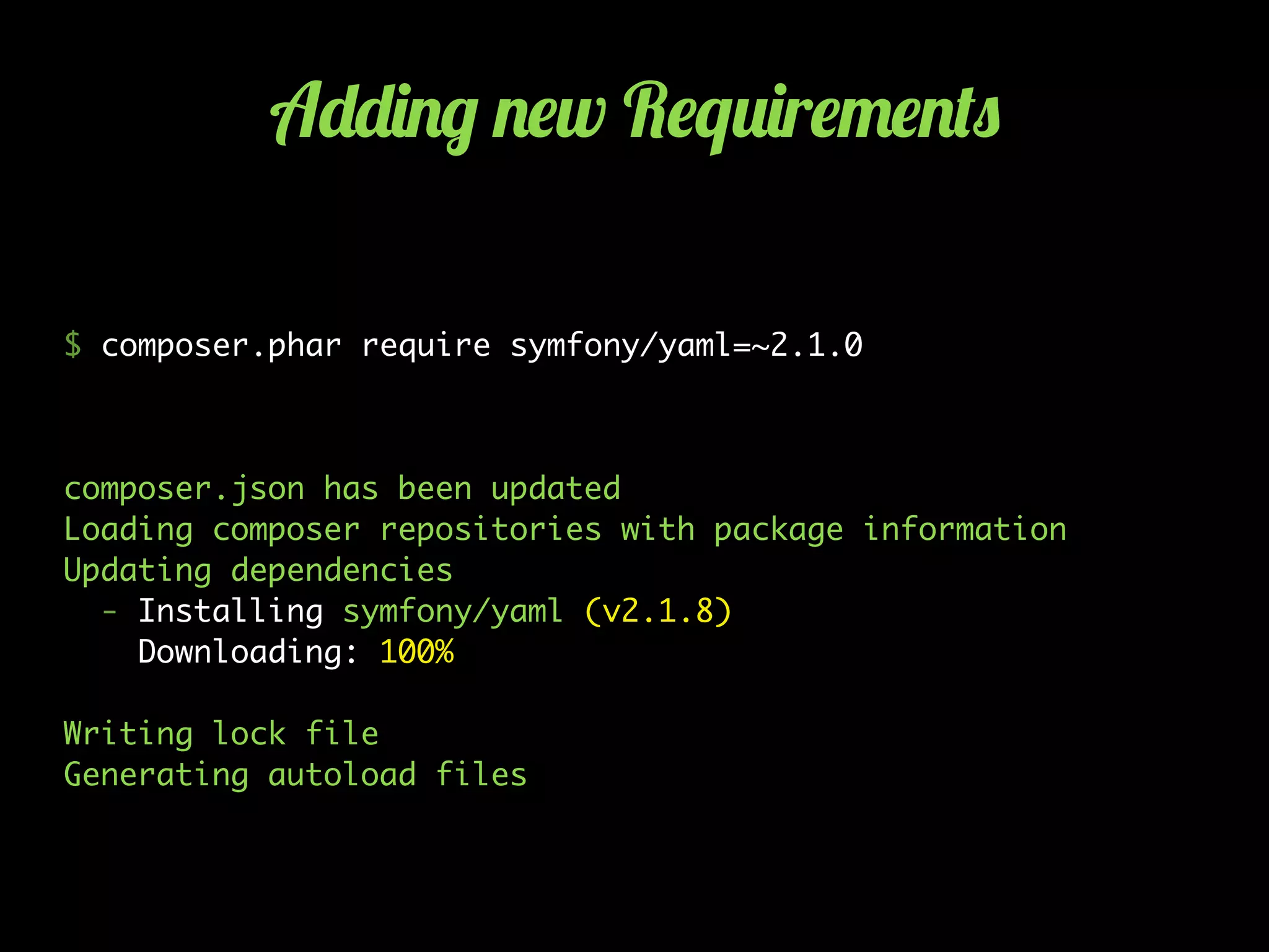 A--)./ .$w R$q2)r$"$.(0
$ composer.phar require symfony/yaml=~2.1.0
composer.json has been updated
Loading composer repositories with package information
Updating dependencies
- Installing symfony/yaml (v2.1.8)
Downloading: 100%
Writing lock file
Generating autoload files
 