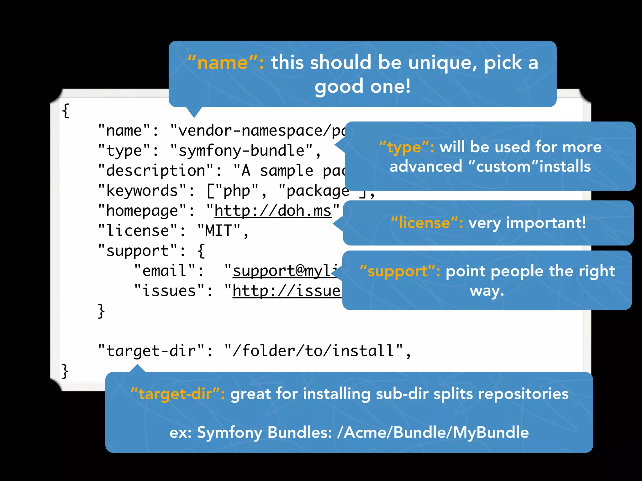 {
"name": "vendor-namespace/package-name",
"type": "symfony-bundle",
"description": "A sample package for examples",
"keywords": ["php", "package"],
"homepage": "http://doh.ms",
"license": "MIT",
"support": {
"email": "support@mylib.com",
"issues": "http://issues.lib.com"
}
"target-dir": "/folder/to/install",
}
“name”: this should be unique, pick a
good one!
“type”: will be used for more
advanced “custom”installs
“license”: very important!
“support”: point people the right
way.
“target-dir”: great for installing sub-dir splits repositories
ex: Symfony Bundles: /Acme/Bundle/MyBundle
 
