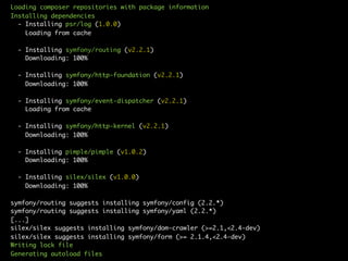 Loading composer repositories with package information
Installing dependencies
- Installing psr/log (1.0.0)
Loading from cache
- Installing symfony/routing (v2.2.1)
Downloading: 100%
- Installing symfony/http-foundation (v2.2.1)
Downloading: 100%
- Installing symfony/event-dispatcher (v2.2.1)
Loading from cache
- Installing symfony/http-kernel (v2.2.1)
Downloading: 100%
- Installing pimple/pimple (v1.0.2)
Downloading: 100%
- Installing silex/silex (v1.0.0)
Downloading: 100%
symfony/routing suggests installing symfony/config (2.2.*)
symfony/routing suggests installing symfony/yaml (2.2.*)
[...]
silex/silex suggests installing symfony/dom-crawler (>=2.1,<2.4-dev)
silex/silex suggests installing symfony/form (>= 2.1.4,<2.4-dev)
Writing lock file
Generating autoload files
 