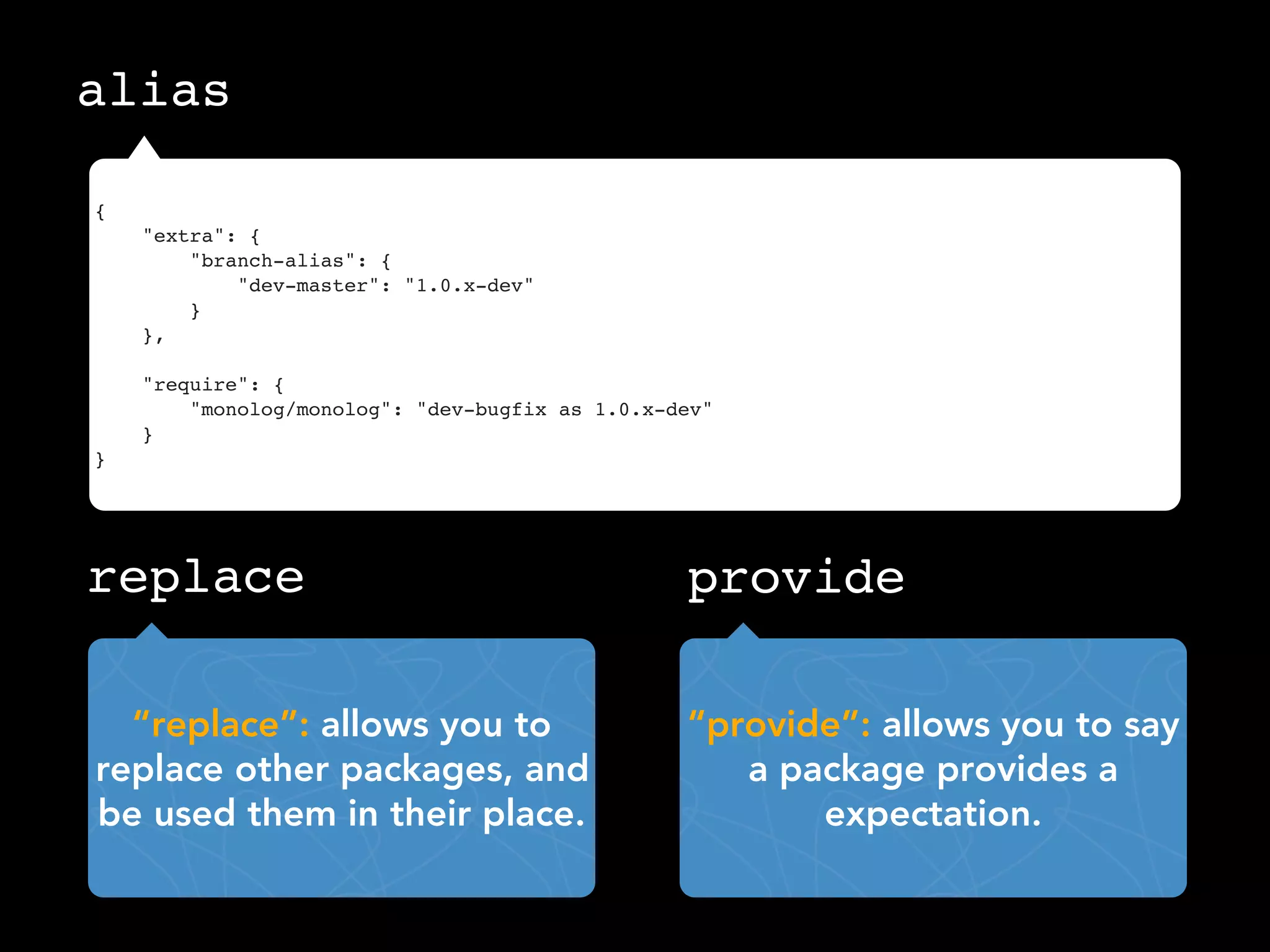 alias

{
    "extra": {
        "branch-alias": {
            "dev-master": "1.0.x-dev"
        }
    },

    "require": {
        "monolog/monolog": "dev-bugfix as 1.0.x-dev"
    }
}




replace                                          provide

  “replace”: allows you to                       “provide”: allows you to say
replace other packages, and                         a package provides a
be used them in their place.                            expectation.
 