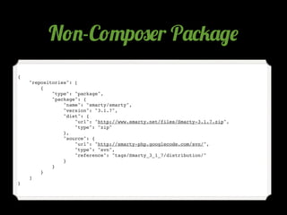 N!.-C!"p#$r P'*4'/$
{
    "repositories": “package”: on-the-fly package, injecting a composer.json
                     [
...
