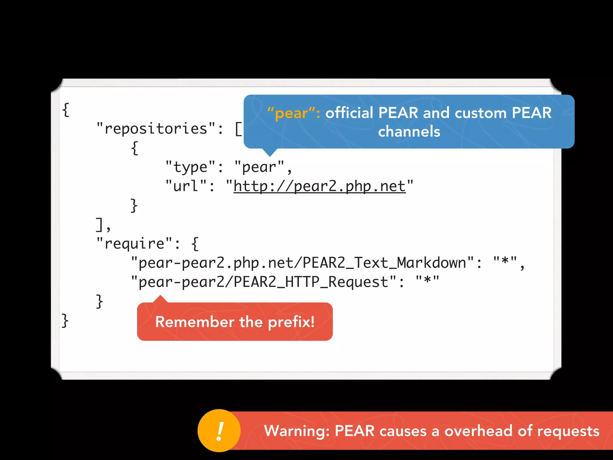 {
"repositories": [
{
"type": "pear",
"url": "http://pear2.php.net"
}
],
"require": {
"pear-pear2.php.net/PEAR2_Text_Markdown": "*",
"pear-pear2/PEAR2_HTTP_Request": "*"
}
}
“pear”: official PEAR and custom PEAR
channels
Remember the prefix!
Warning: PEAR causes a overhead of requests!!
 
