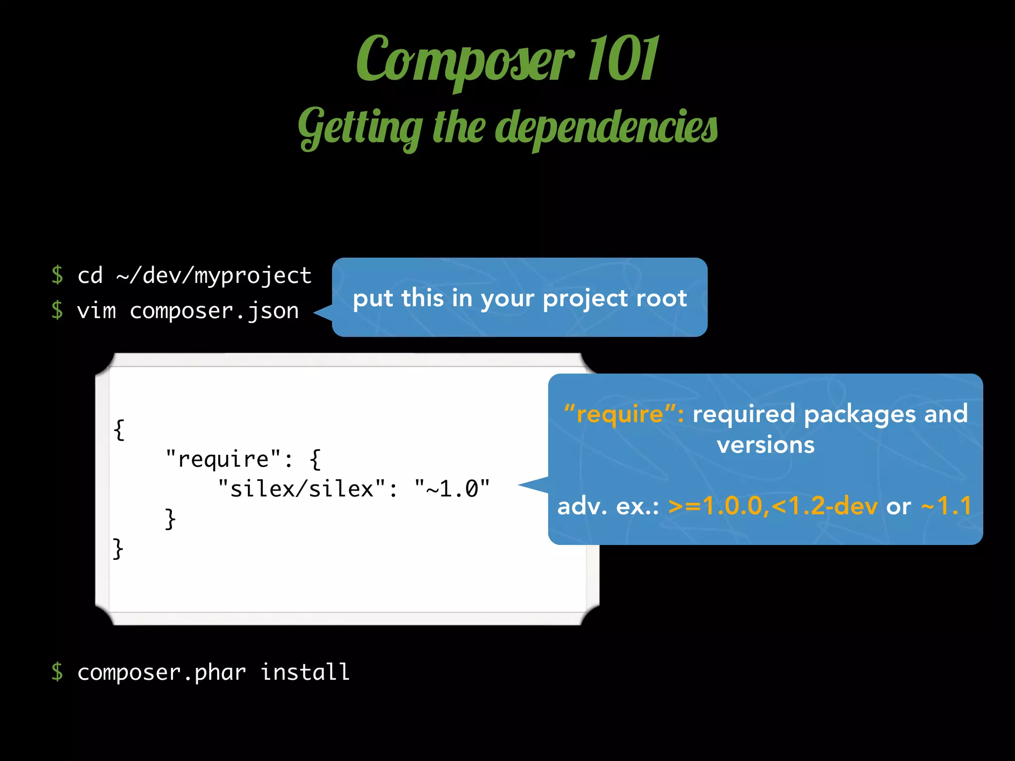 C!"p#$r 101
G$(()./ (+$ -$p$.-$.*)$0
$ cd ~/dev/myproject
$ vim composer.json
$ composer.phar install
{
"require": {
"silex/silex": "~1.0"
}
}
put this in your project root
“require”: required packages and
versions
adv. ex.: >=1.0.0,<1.2-dev or ~1.1
 