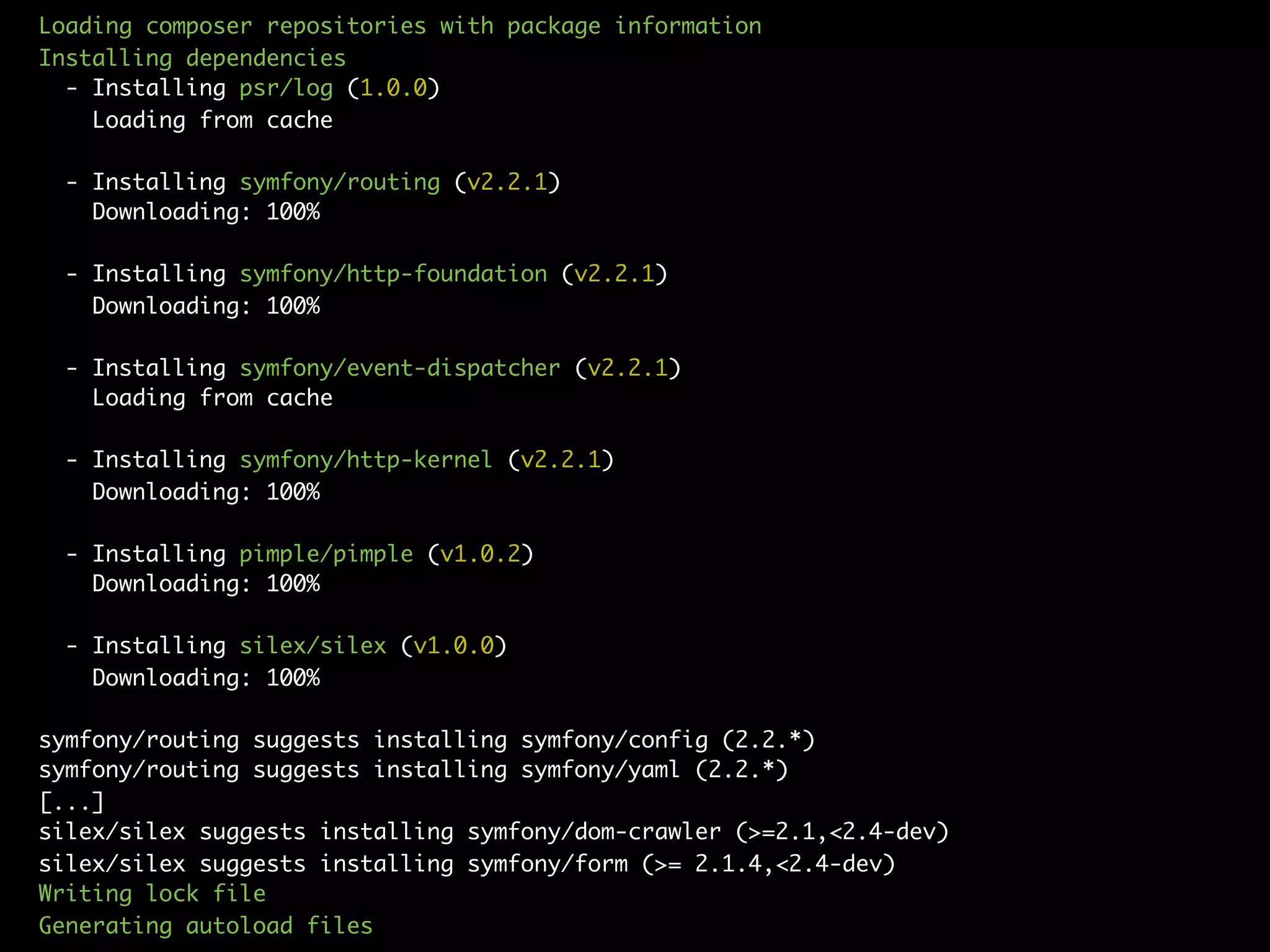 Loading composer repositories with package information
Installing dependencies
- Installing psr/log (1.0.0)
Loading from cache
- Installing symfony/routing (v2.2.1)
Downloading: 100%
- Installing symfony/http-foundation (v2.2.1)
Downloading: 100%
- Installing symfony/event-dispatcher (v2.2.1)
Loading from cache
- Installing symfony/http-kernel (v2.2.1)
Downloading: 100%
- Installing pimple/pimple (v1.0.2)
Downloading: 100%
- Installing silex/silex (v1.0.0)
Downloading: 100%
symfony/routing suggests installing symfony/config (2.2.*)
symfony/routing suggests installing symfony/yaml (2.2.*)
[...]
silex/silex suggests installing symfony/dom-crawler (>=2.1,<2.4-dev)
silex/silex suggests installing symfony/form (>= 2.1.4,<2.4-dev)
Writing lock file
Generating autoload files
 