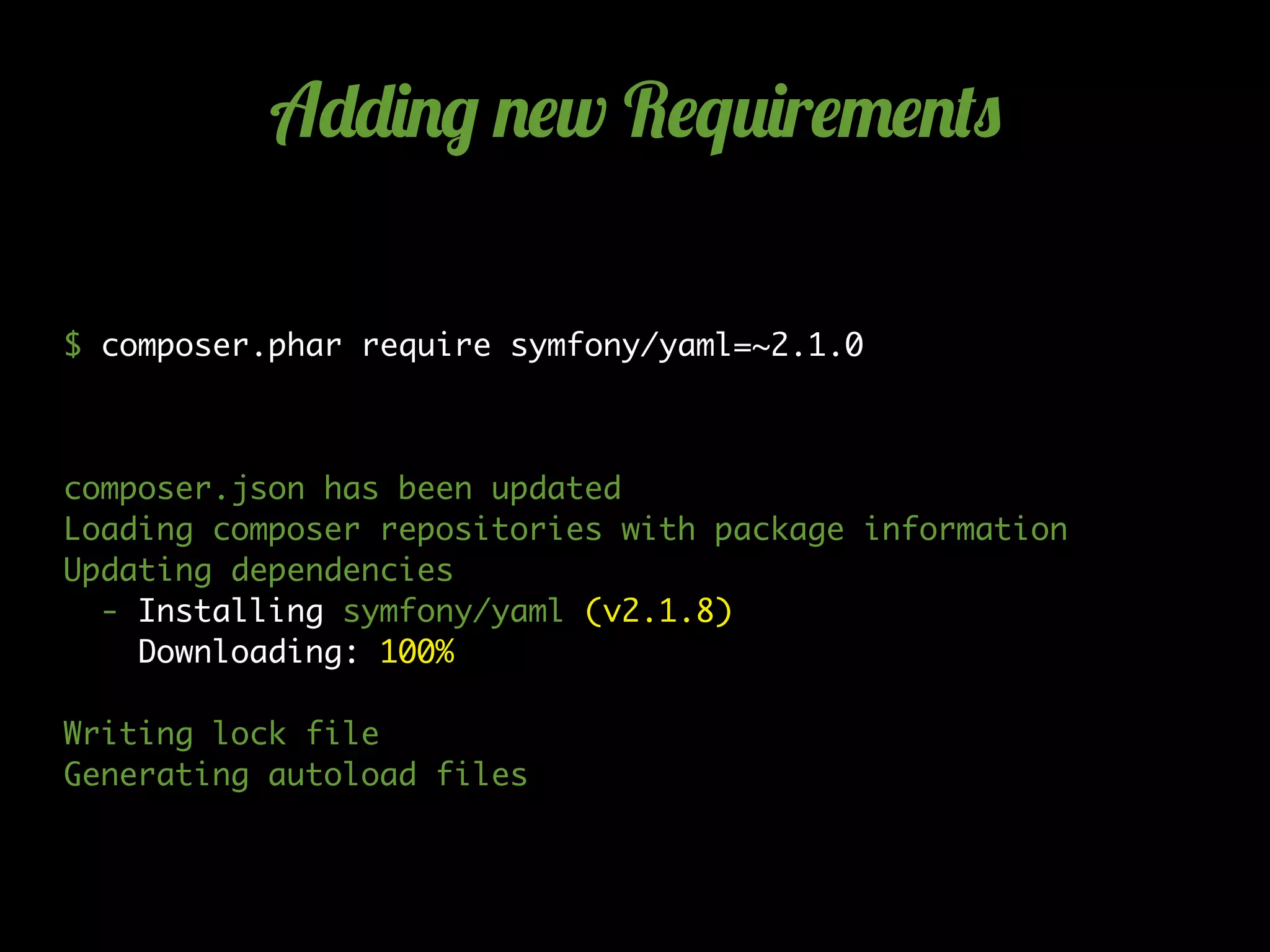 A--)./ .$w R$q2)r$"$.(0
$ composer.phar require symfony/yaml=~2.1.0
composer.json has been updated
Loading composer repositories with package information
Updating dependencies
- Installing symfony/yaml (v2.1.8)
Downloading: 100%
Writing lock file
Generating autoload files
 