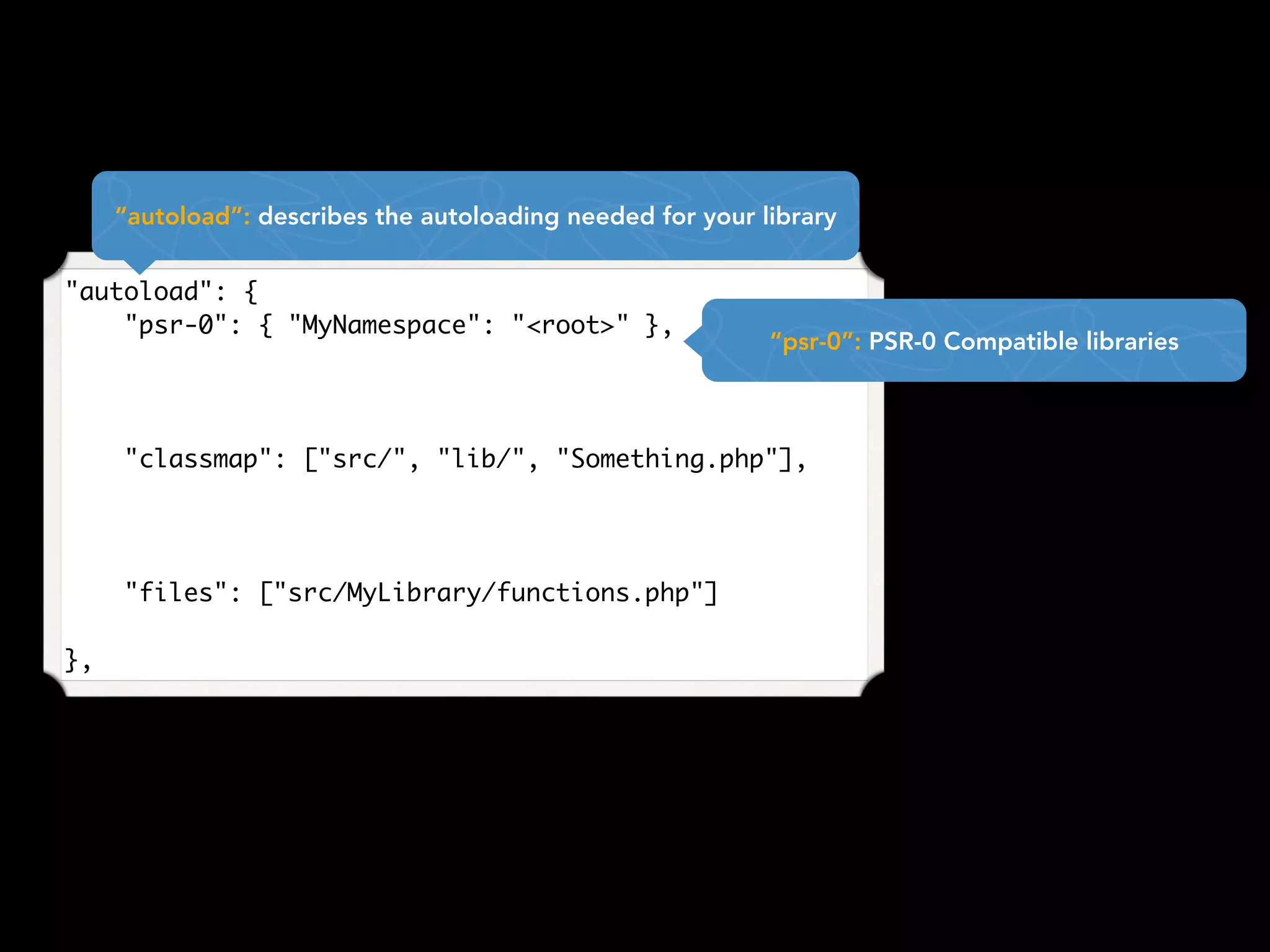 "autoload": {
    "psr-0": { "MyNamespace": "<root>" },
"classmap": ["src/", "lib/", "Something.php"],
"files": ["src/MyLibrary/functions.php"]
},
“autoload”: describes the autoloading needed for your library
“psr-0”: PSR-0 Compatible libraries
 