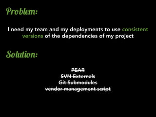 Pr!b&$":
I need my team and my deployments to use consistent
versions of the dependencies of my project
S!&2()!.:
PEAR
SVN...