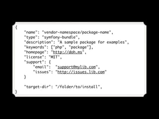 {
"name": "vendor-namespace/package-name",
"type": "symfony-bundle",
"description": "A sample package for examples",
"keyw...