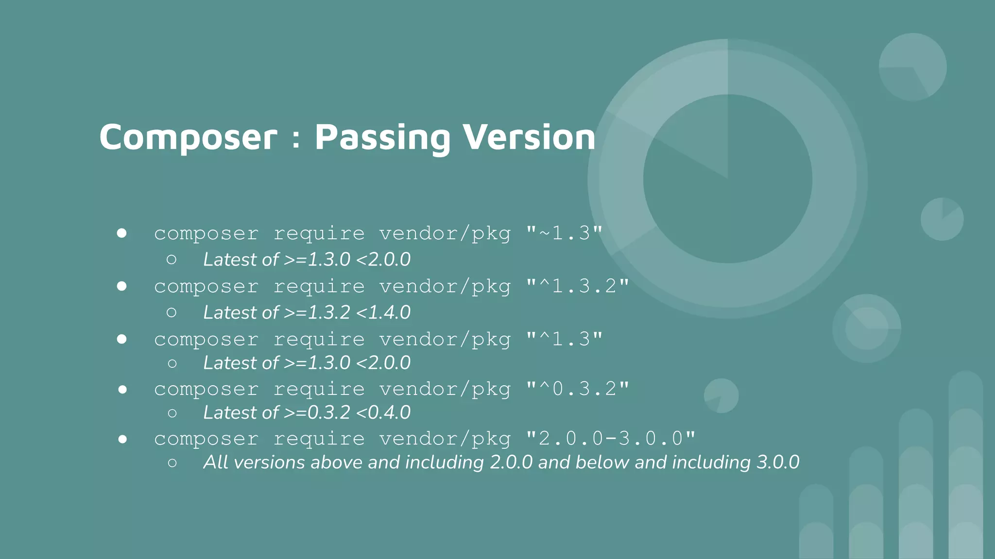 Composer : Passing Version
● composer require vendor/pkg "~1.3"
○ Latest of >=1.3.0 <2.0.0
● composer require vendor/pkg "^1.3.2"
○ Latest of >=1.3.2 <1.4.0
● composer require vendor/pkg "^1.3"
○ Latest of >=1.3.0 <2.0.0
● composer require vendor/pkg "^0.3.2"
○ Latest of >=0.3.2 <0.4.0
● composer require vendor/pkg "2.0.0-3.0.0"
○ All versions above and including 2.0.0 and below and including 3.0.0
 