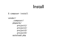 Install
$ composer install

vendor/
    .composer/
    phpmelb/
        project1/
        project2/
        project3/
        project4/
    autoload.php
 
