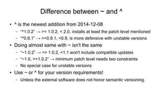 Difference between ~ and ^
● ^ is the newest addition from 2014-12-08
– “^1.0.2” → >= 1.0.2, < 2.0, installs at least the ...