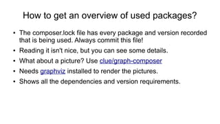 How to get an overview of used packages?
● The composer.lock file has every package and version recorded
that is being use...