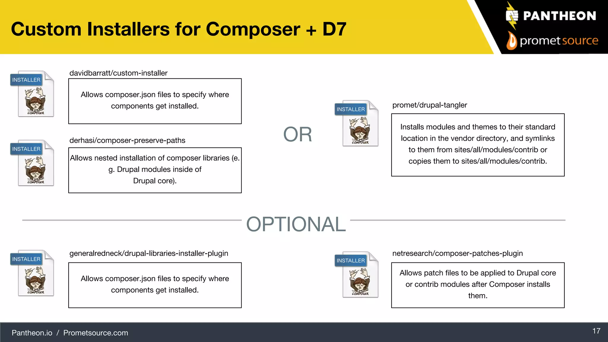 Pantheon.io / Prometsource.com 17 Custom Installers for Composer + D7 generalredneck/drupal-libraries-installer-plugin promet/drupal-tangler derhasi/composer-preserve-paths davidbarratt/custom-installer OR OPTIONAL netresearch/composer-patches-plugin Allows composer.json files to specify where components get installed. Allows nested installation of composer libraries (e. g. Drupal modules inside of Drupal core). Installs modules and themes to their standard location in the vendor directory, and symlinks to them from sites/all/modules/contrib or copies them to sites/all/modules/contrib. Allows composer.json files to specify where components get installed. Allows patch files to be applied to Drupal core or contrib modules after Composer installs them. 