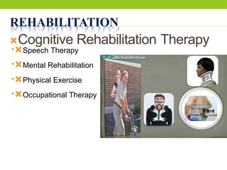 REHABILITATION
Cognitive Rehabilitation Therapy
•Speech Therapy
•Mental Rehabilitation
•Physical Exercise
•Occupational Therapy
 