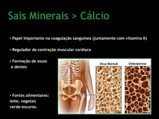 Sais Minerais > Cálcio
• Papel importante na coagulação sanguínea (juntamente com vitamina K)
• Regulador da contração muscular cardíaca
• Formação de ossos
e dentes
• Fontes alimentares:
leite, vegetais
verde-escuros.
 