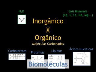 Inorgânico
Orgânico
X
H2O Sais Minerais
(Fe, P, Ca, Na, Mg...)
Carboidratos LípidiosProteínas
Ácidos Nucleicos
Moléculas Carbonadas
Biomoléculas
 