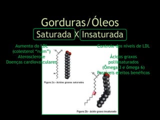 Gorduras/Óleos
Saturada X Insaturada
Aumento do LDL
(colesterol “ruim”)
Aterosclerose
Doenças cardiovasculares
Controle dos níveis de LDL
Ácidos graxos
poliinsaturados
(Ômega 3 e ômega 6)
Possíveis efeitos benéficos
 
