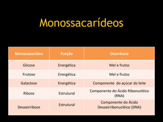 Monossacarídeo Função Ocorrência
Glicose Energética Mel e frutos
Frutose Energética Mel e frutos
Galactose Energética Componente do açúcar do leite
Ribose Estrutural
Componente do Ácido Ribonucléico
(RNA)
Desoxirribose
Estrutural
Componente do Ácido
Desoxirribonucléico (DNA)
Monossacarídeos
 