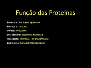 Função das Proteínas
• Estrutural: COLÁGENO, QUERATINA
• Hormonal: INSULINA
• Defesa: ANTICORPOS
• Sinalizadora: RECEPTORES NEURONAIS
• Transporte: PROTEÍNAS TRANSMEMBRANARES
• Enzimática: CATALISADORES BIOLÓGICOS
 