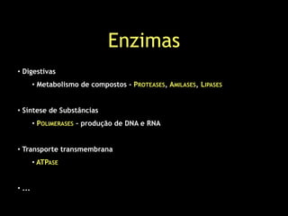 Enzimas
• Digestivas
• Metabolismo de compostos - PROTEASES, AMILASES, LIPASES
• Síntese de Substâncias
• POLIMERASES – produção de DNA e RNA
• Transporte transmembrana
• ATPASE
• ...
 