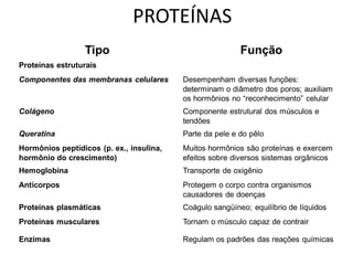 PROTEÍNAS
                  Tipo                                    Função
Proteínas estruturais
Componentes das membranas celulares       Desempenham diversas funções:
                                          determinam o diâmetro dos poros; auxiliam
                                          os hormônios no “reconhecimento” celular
Colágeno                                  Componente estrutural dos músculos e
                                          tendões
Queratina                                 Parte da pele e do pêlo
Hormônios peptídicos (p. ex., insulina,   Muitos hormônios são proteínas e exercem
hormônio do crescimento)                  efeitos sobre diversos sistemas orgânicos
Hemoglobina                               Transporte de oxigênio
Anticorpos                                Protegem o corpo contra organismos
                                          causadores de doenças
Proteínas plasmáticas                     Coágulo sangüíneo; equilíbrio de líquidos
Proteínas musculares                      Tornam o músculo capaz de contrair

Enzimas                                   Regulam os padrões das reações químicas
 