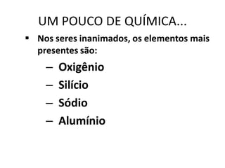 UM POUCO DE QUÍMICA...
 Nos seres inanimados, os elementos mais
  presentes são:
    –   Oxigênio
    –   Silício
    –   Sódio
    –   Alumínio
 