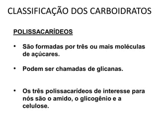 CLASSIFICAÇÃO DOS CARBOIDRATOS

 POLISSACARÍDEOS

 • São formadas por três ou mais moléculas
    de açúcares.

 • Podem ser chamadas de glicanas.


 • Os três polissacarídeos de interesse para
    nós são o amido, o glicogênio e a
    celulose.
 
