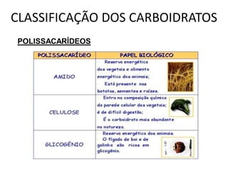 CLASSIFICAÇÃO DOS CARBOIDRATOS
POLISSACARÍDEOS
 