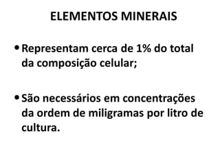 ELEMENTOS MINERAIS

• Representam cerca de 1% do total
 da composição celular;

• São necessários em concentrações
 da ordem de miligramas por litro de
 cultura.
 