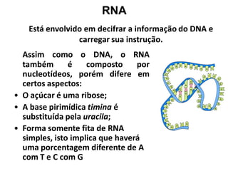 RNA
   Está envolvido em decifrar a informação do DNA e
                carregar sua instrução.
  Assim como o DNA, o RNA
  também       é    composto     por
  nucleotídeos, porém difere em
  certos aspectos:
• O açúcar é uma ribose;
• A base pirimídica timina é
  substituída pela uracila;
• Forma somente fita de RNA
  simples, isto implica que haverá
  uma porcentagem diferente de A
  com T e C com G
 