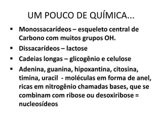 UM POUCO DE QUÍMICA...
 Monossacarídeos – esqueleto central de
  Carbono com muitos grupos OH.
 Dissacarídeos – lactose
 Cadeias longas – glicogênio e celulose
 Adenina, guanina, hipoxantina, citosina,
  timina, uracil - moléculas em forma de anel,
  ricas em nitrogênio chamadas bases, que se
  combinam com ribose ou desoxiribose =
  nucleosídeos
 