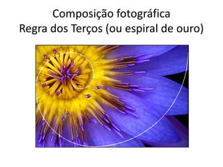 Composição fotográfica
Regra dos Terços (ou espiral de ouro)
 