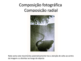 Composição fotográfica
Composição radial
Note como este movimento automaticamente traz a atenção de volta ao centro
da imagem e a distribui ao longo do objecto
 
