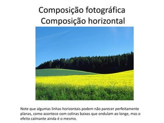 Composição fotográfica
Composição horizontal
Note que algumas linhas horizontais podem não parecer perfeitamente
planas, como acontece com colinas baixas que ondulam ao longe, mas o
efeito calmante ainda é o mesmo.
 