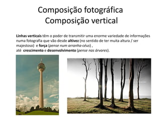 Composição fotográfica
Composição vertical
Linhas verticais têm o poder de transmitir uma enorme variedade de informações
numa fotografia que vão desde altivez (no sentido de ter muita altura / ser
majestoso) e força (pense num arranha-céus) ,
até crescimento e desenvolvimento (pense nas árvores).
 