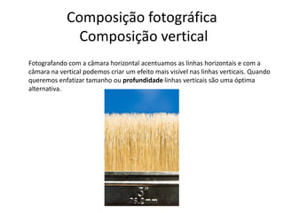 Composição fotográfica
Composição vertical
Fotografando com a câmara horizontal acentuamos as linhas horizontais e com a
câmara na vertical podemos criar um efeito mais visível nas linhas verticais. Quando
queremos enfatizar tamanho ou profundidade linhas verticais são uma óptima
alternativa.
 
